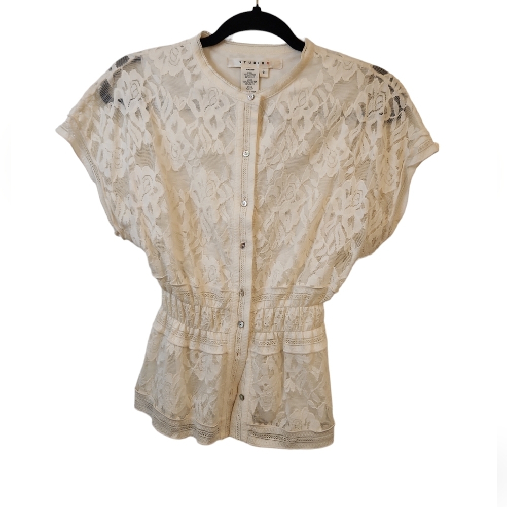 Studio M Vintage Ivory Y2K Lace Cottagecore Boho Cap Sleeve Top Size S